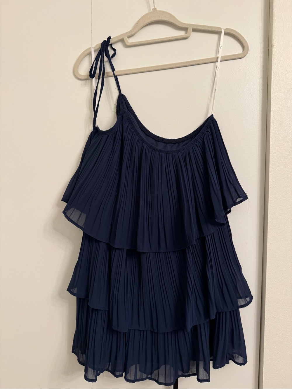Lulu's Navy Pleated One-Shoulder Tiered Dress - Picture 4 of 5